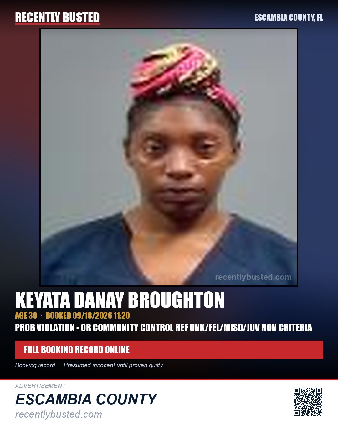 Keyata Danay Broughton — arrest record card, Escambia County, Florida