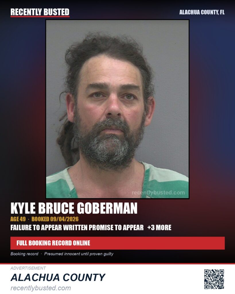 Kyle Bruce Goberman — arrest record card, Alachua County, Florida