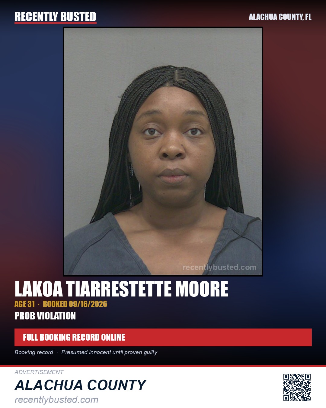 Lakoa Tiarrestette Moore — arrest record card, Alachua County, Florida