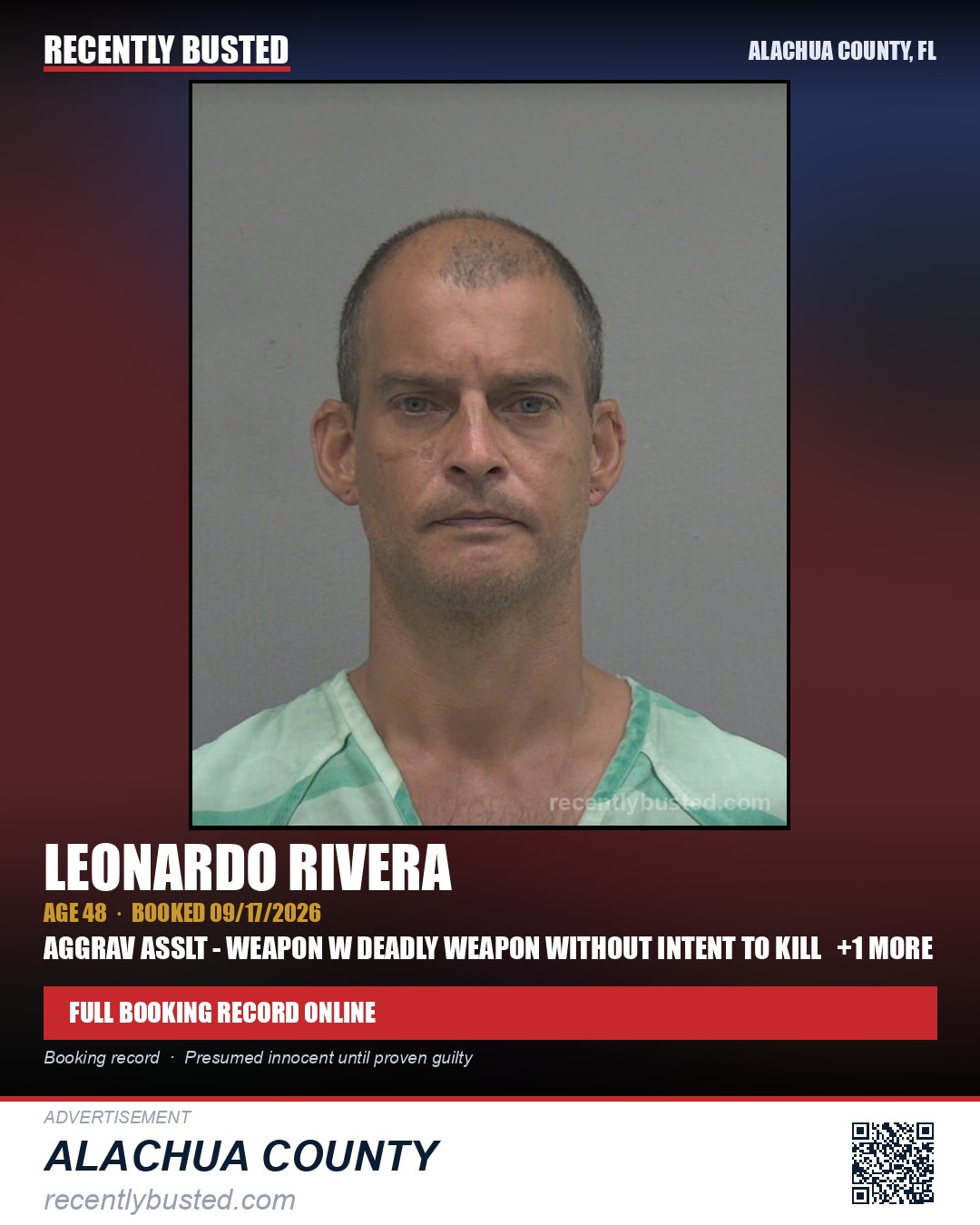 Leonardo Rivera — arrest record card, Alachua County, Florida