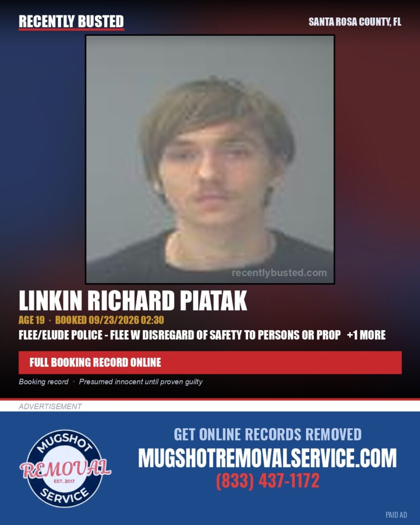 Linkin Richard Piatak — arrest record card, Santa Rosa County, Florida