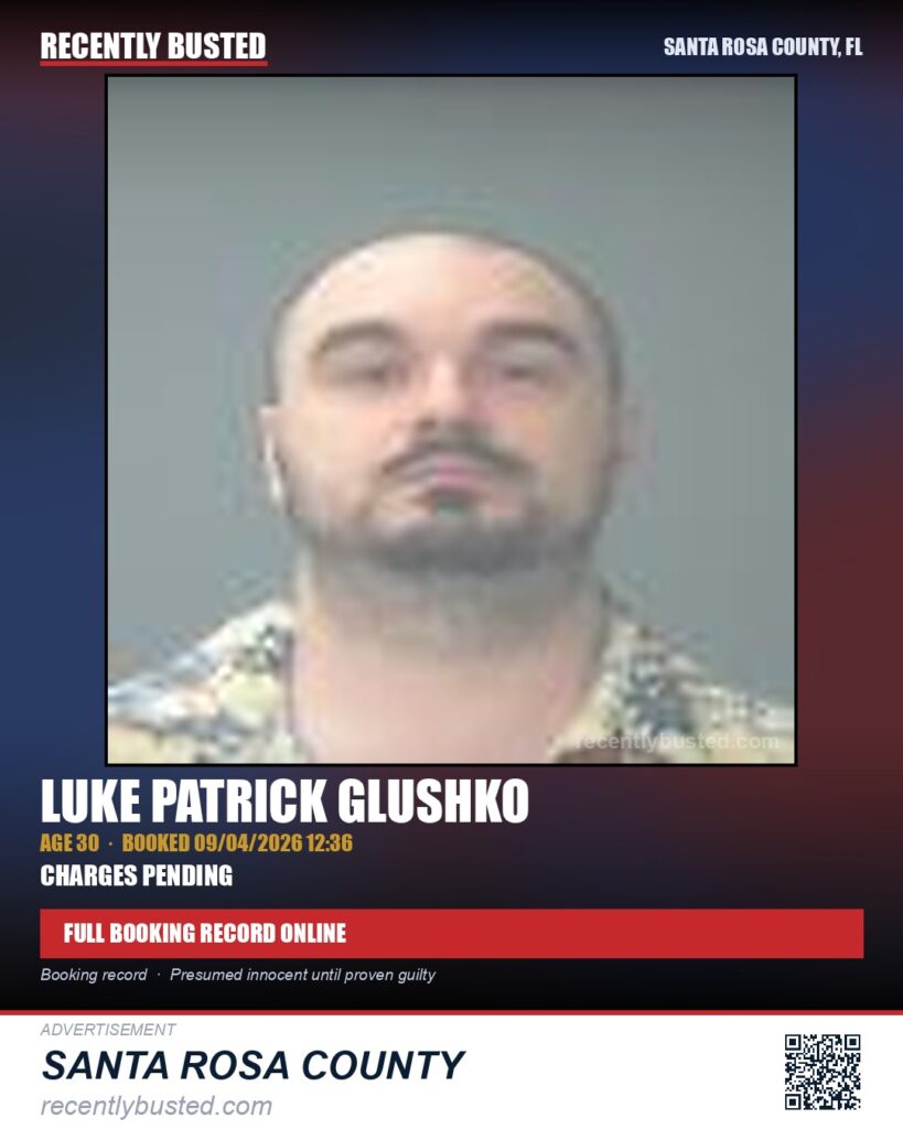 Luke Patrick Glushko — arrest record card, Santa Rosa County, Florida