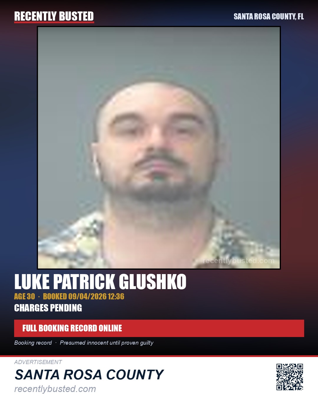 Luke Patrick Glushko — arrest record card, Santa Rosa County, Florida