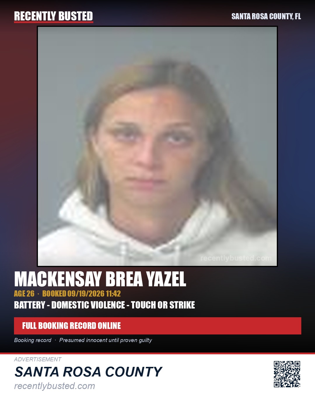 Mackensay Brea Yazel — arrest record card, Santa Rosa County, Florida