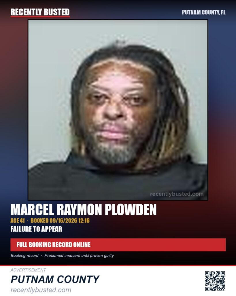 Marcel Raymon Plowden — arrest record card, Putnam County, Florida