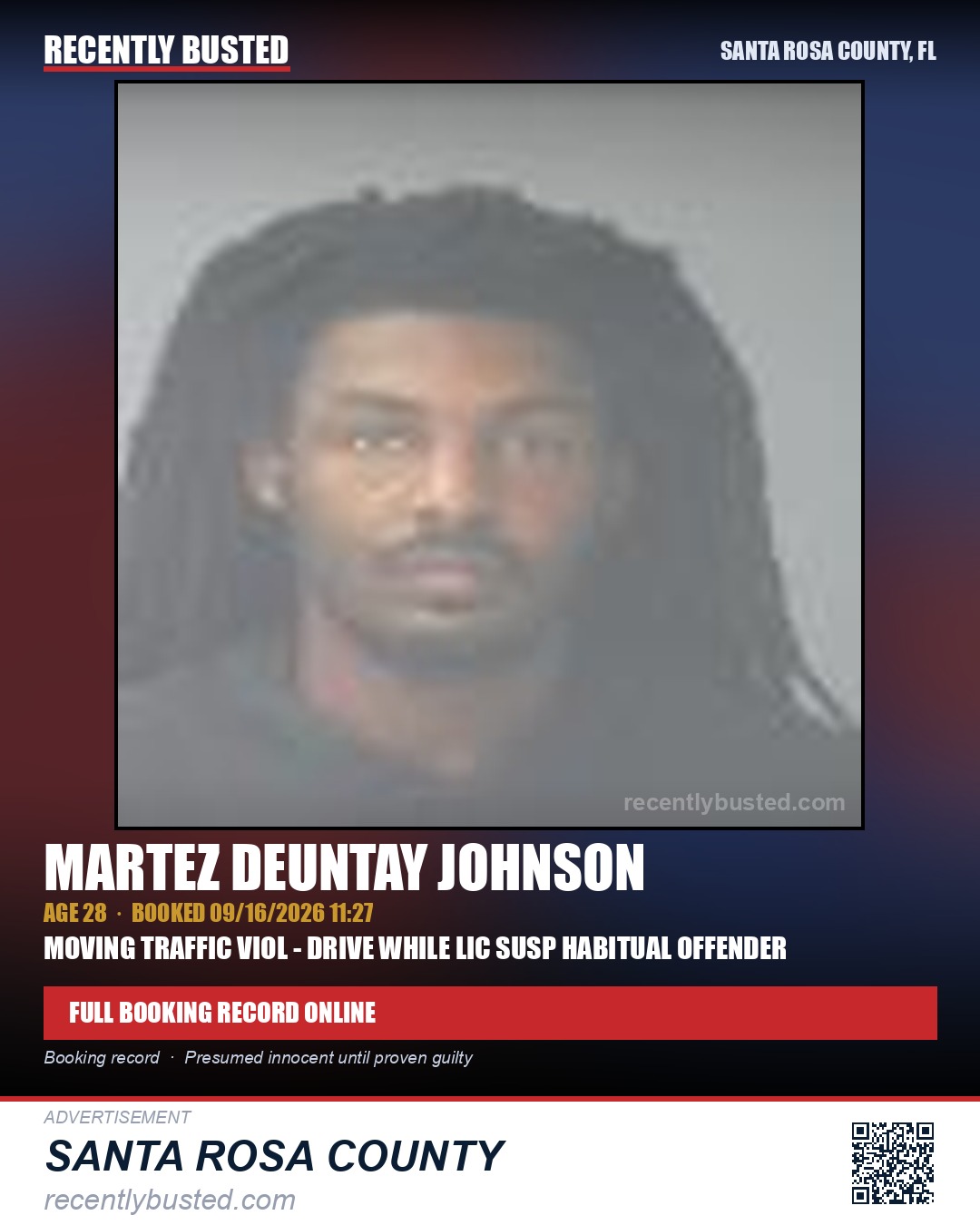 Martez Deuntay Johnson — arrest record card, Santa Rosa County, Florida