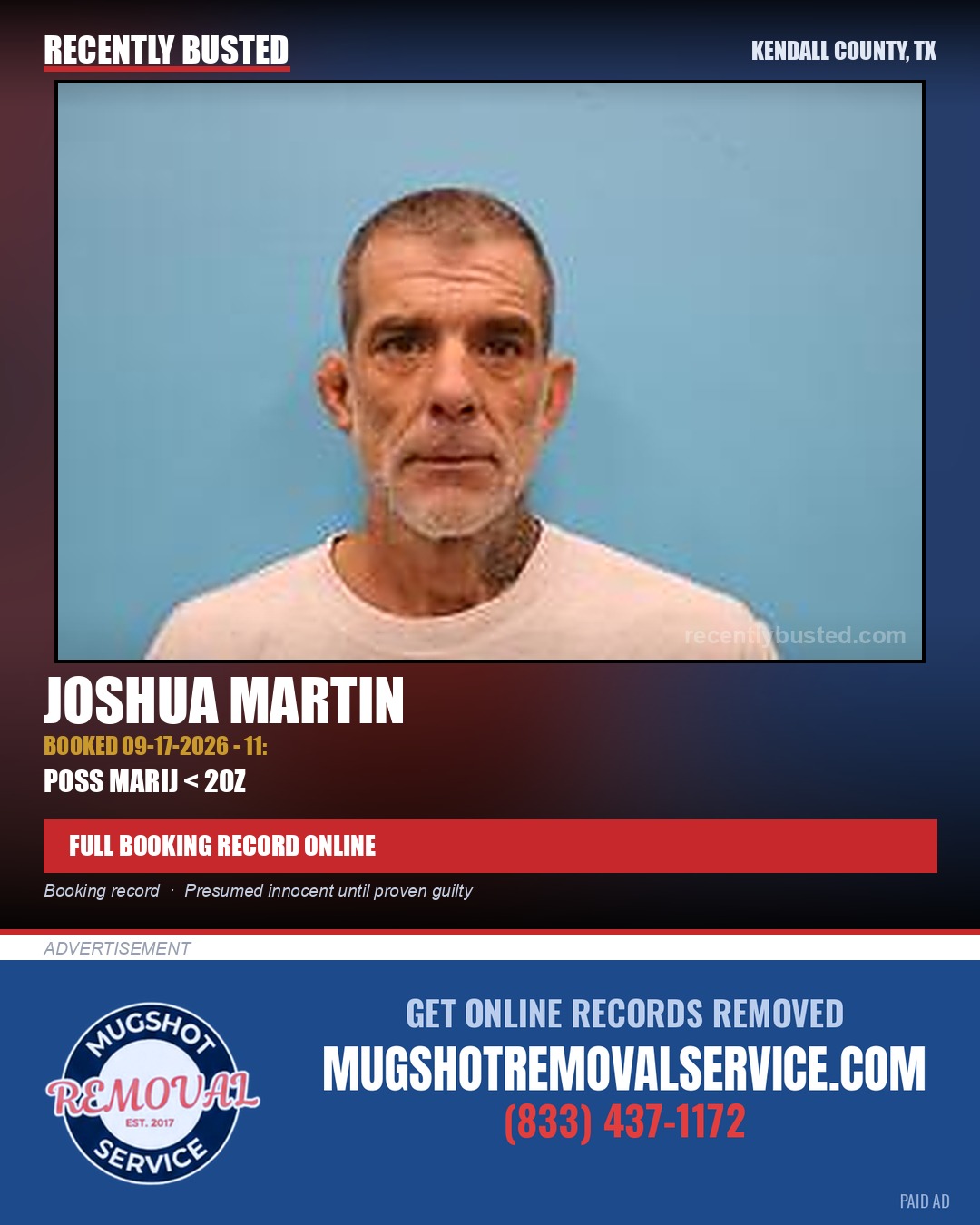 Martin, Joshua — arrest record card, Kendall County, Texas