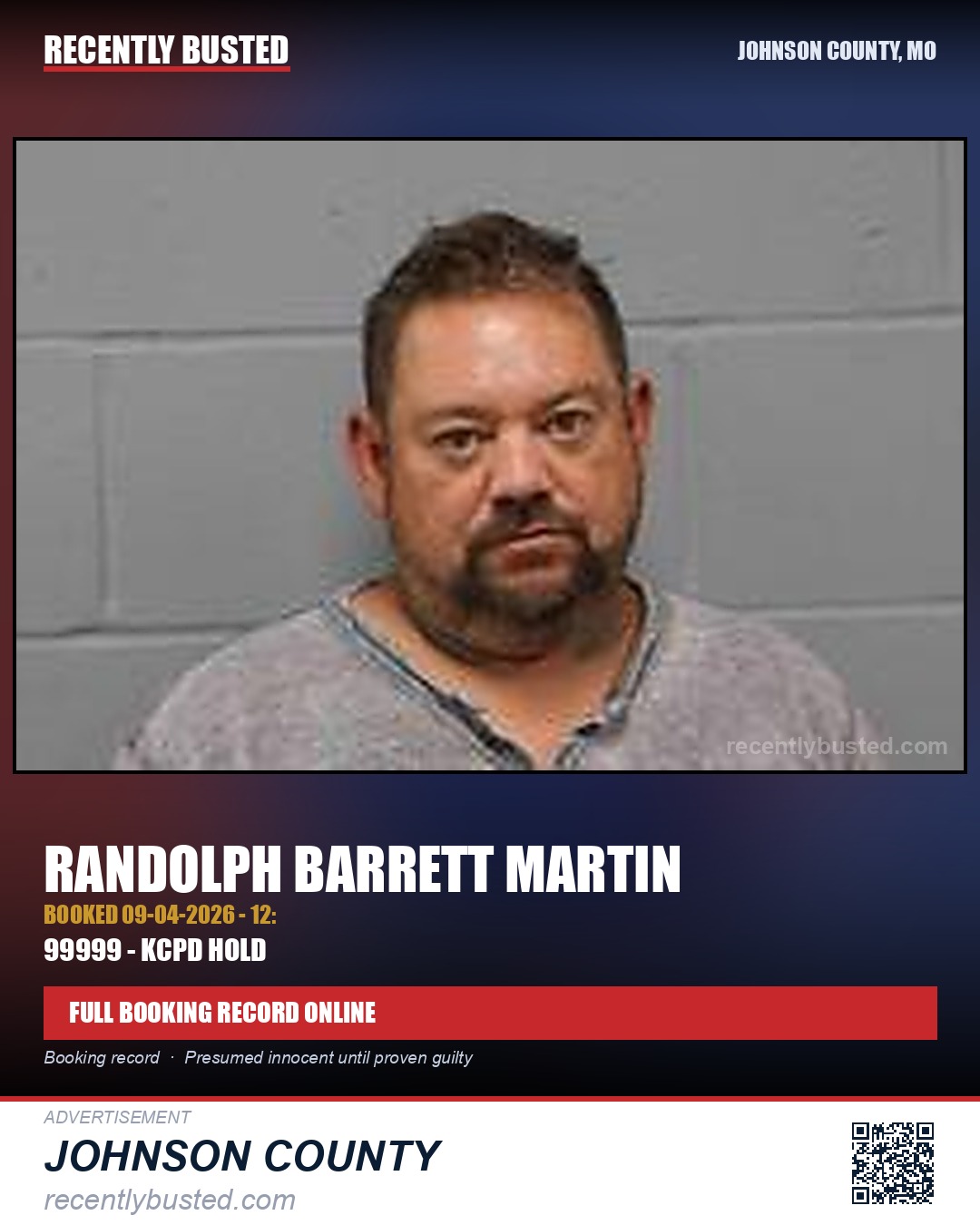 MARTIN, RANDOLPH BARRETT — arrest record card, Johnson County, Missouri