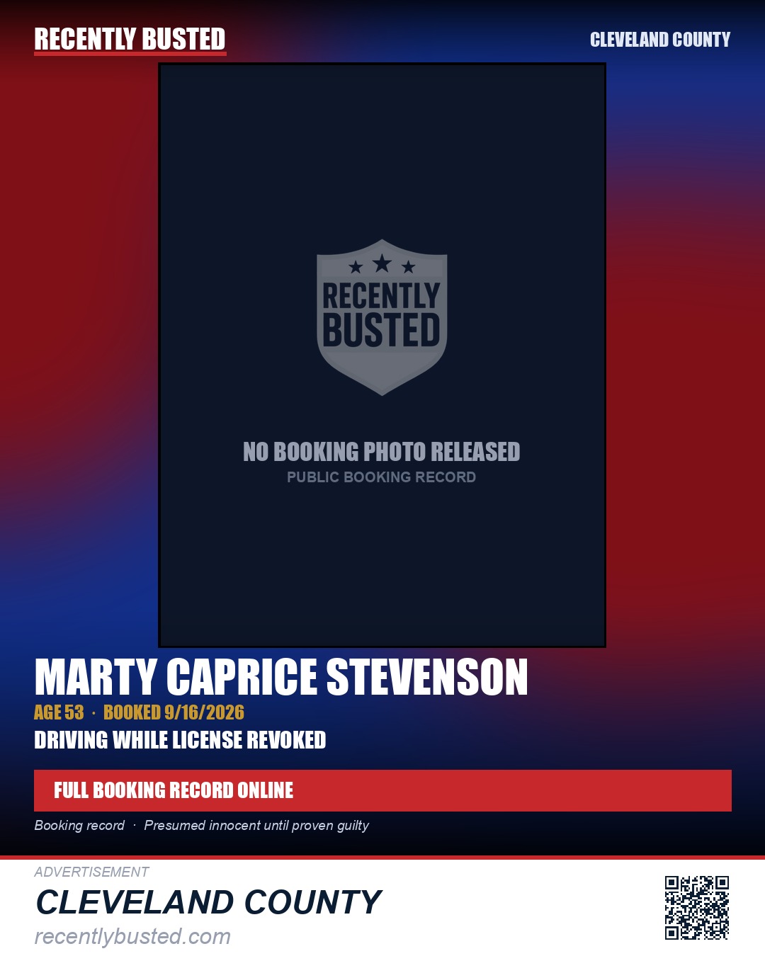 MARTY CAPRICE STEVENSON — arrest record card, Cleveland County