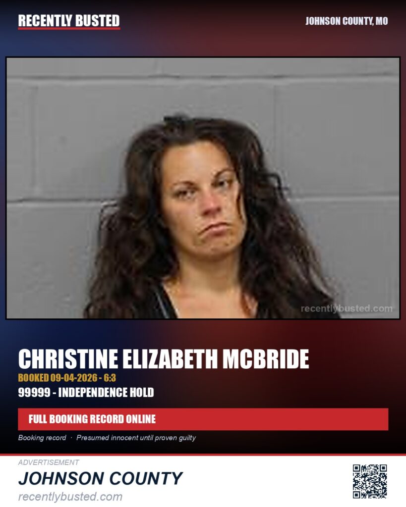 MCBRIDE, CHRISTINE ELIZABETH — arrest record card, Johnson County, Missouri