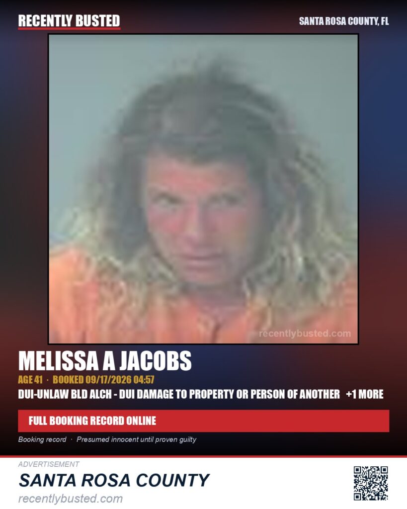 Melissa A Jacobs — arrest record card, Santa Rosa County, Florida