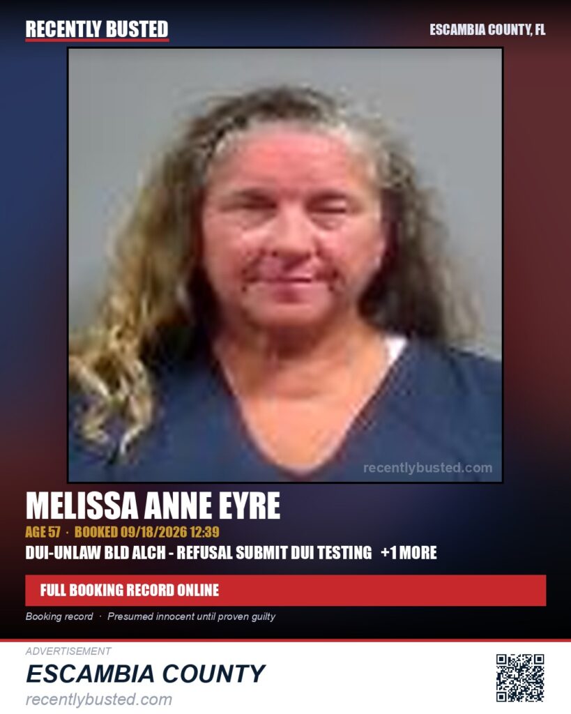 Melissa Anne Eyre — arrest record card, Escambia County, Florida