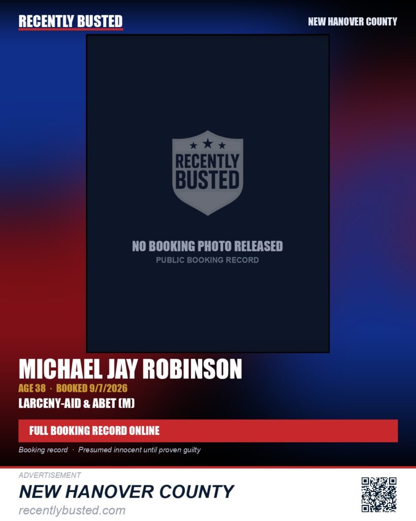 MICHAEL JAY ROBINSON — arrest record card, New Hanover