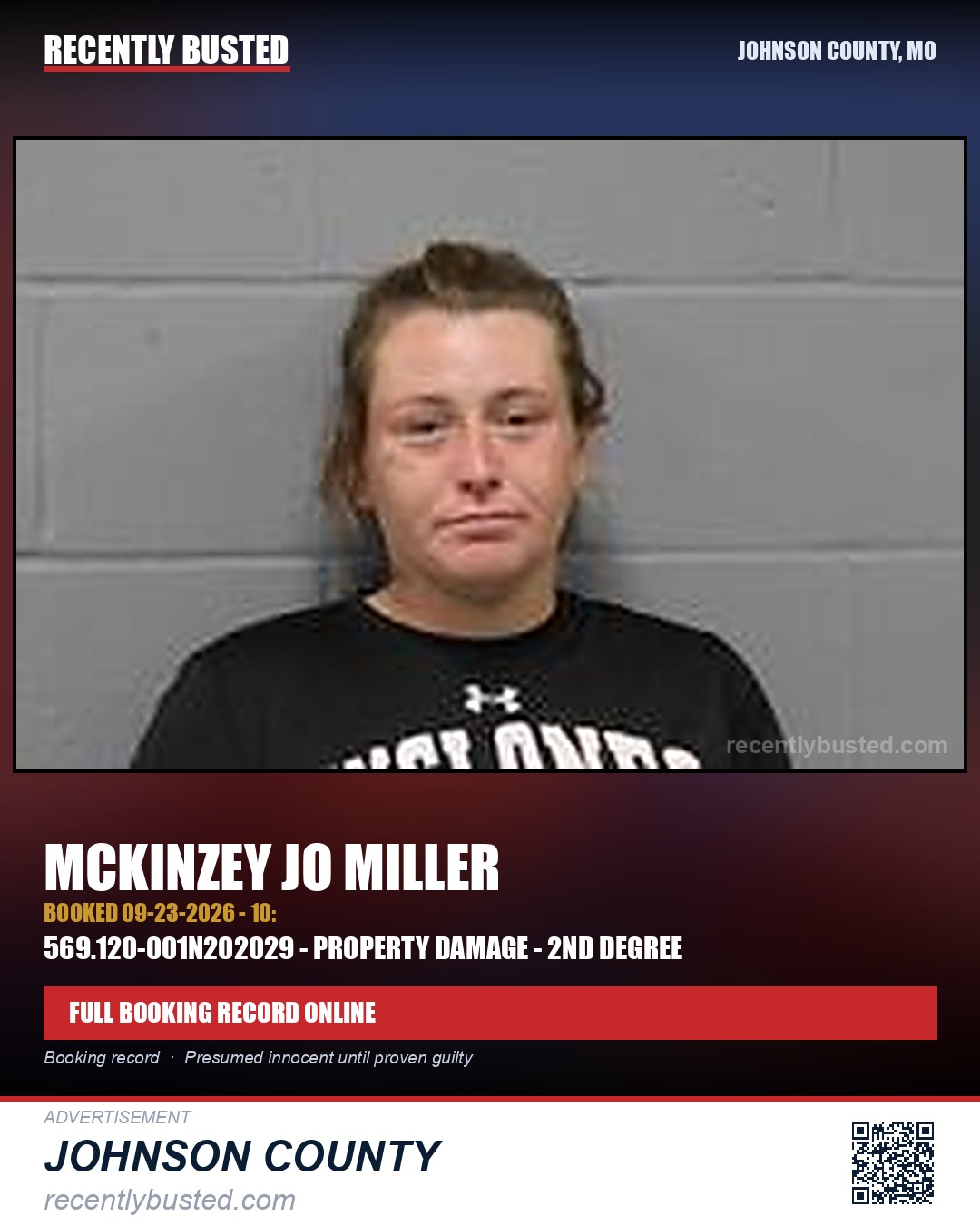 MILLER, MCKINZEY JO — arrest record card, Johnson County, Missouri
