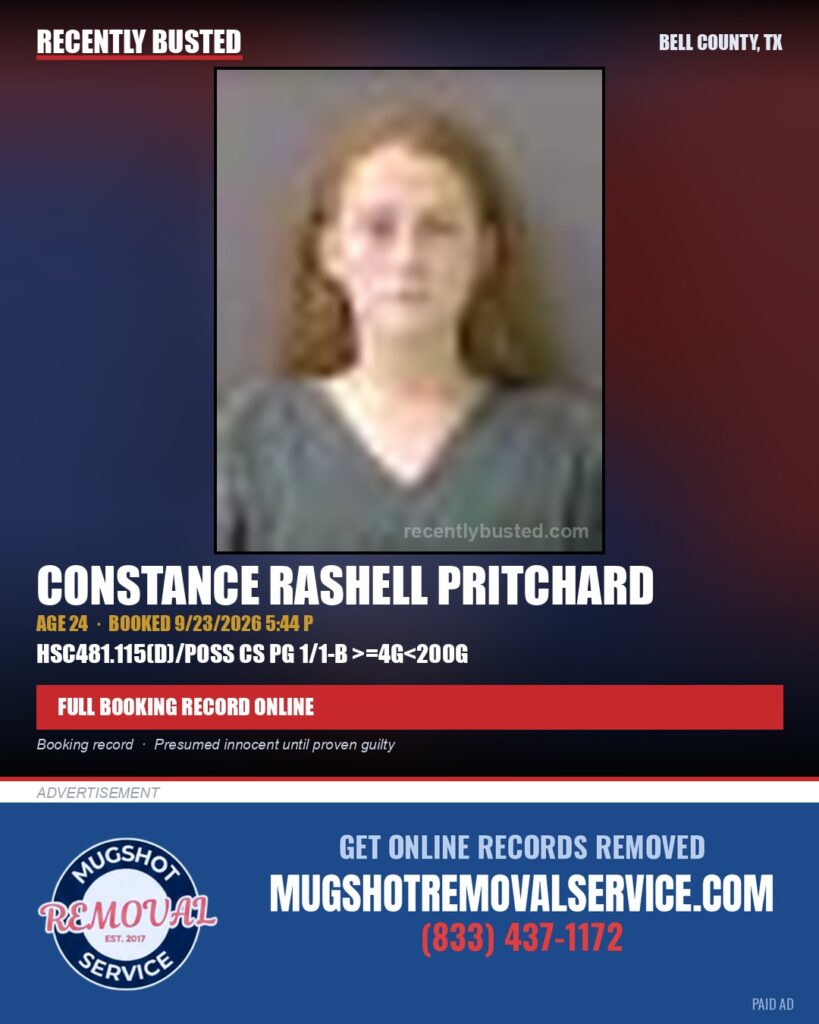 PRITCHARD, CONSTANCE RASHELL — arrest record card, Bell County, Texas