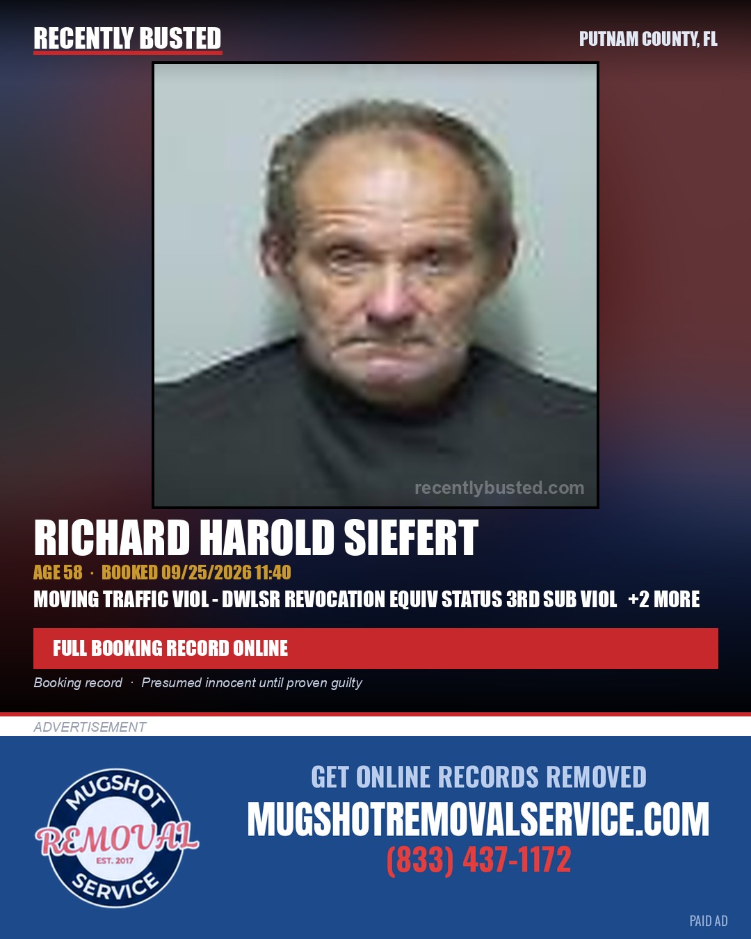 Richard Harold Siefert — arrest record card, Putnam County, Florida