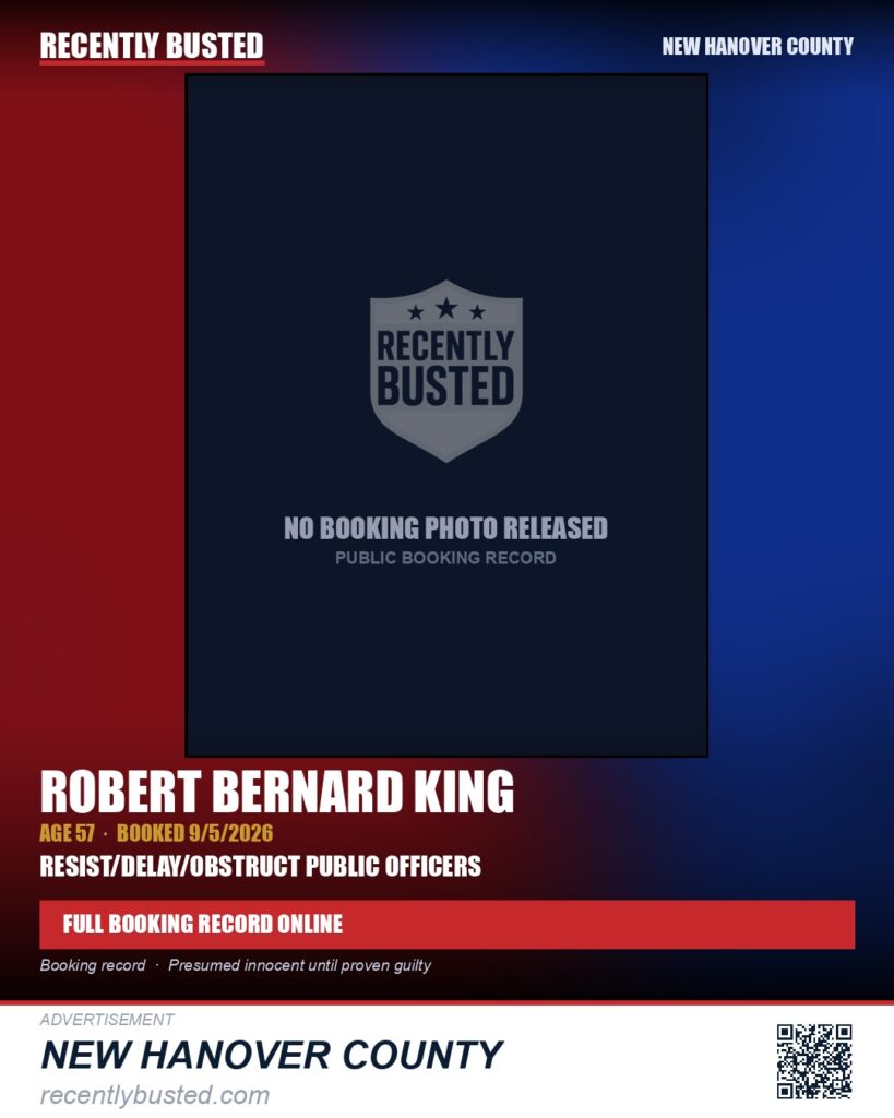 ROBERT BERNARD KING — arrest record card, New Hanover County