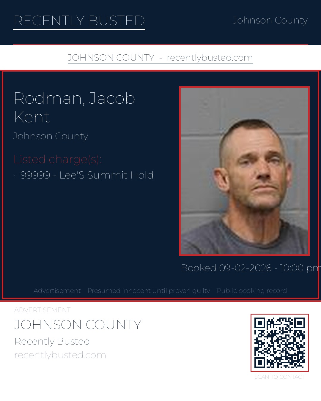 RODMAN, JACOB KENT — arrest record card, Johnson County, Missouri