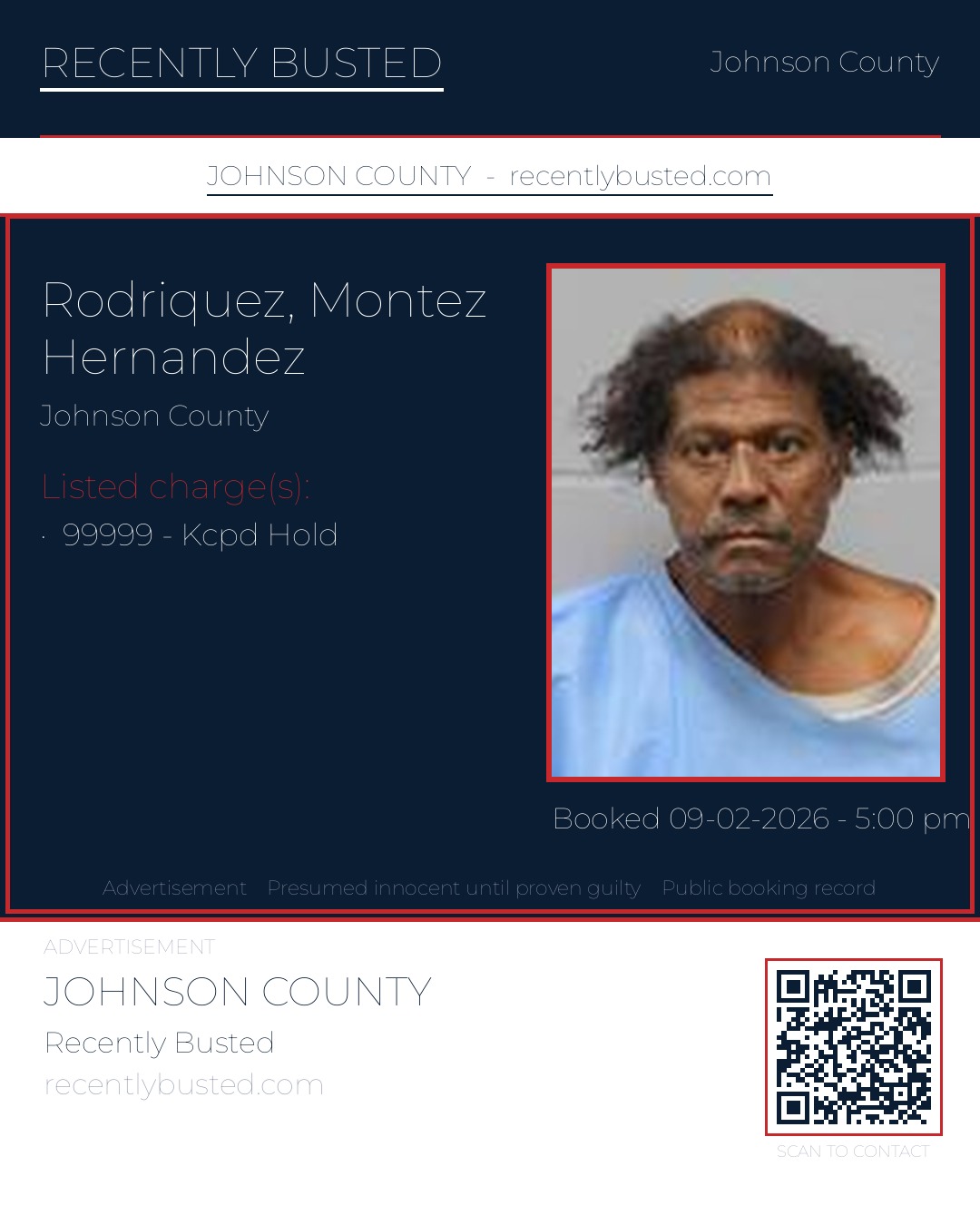 RODRIQUEZ, MONTEZ HERNANDEZ — arrest record card, Johnson County, Missouri
