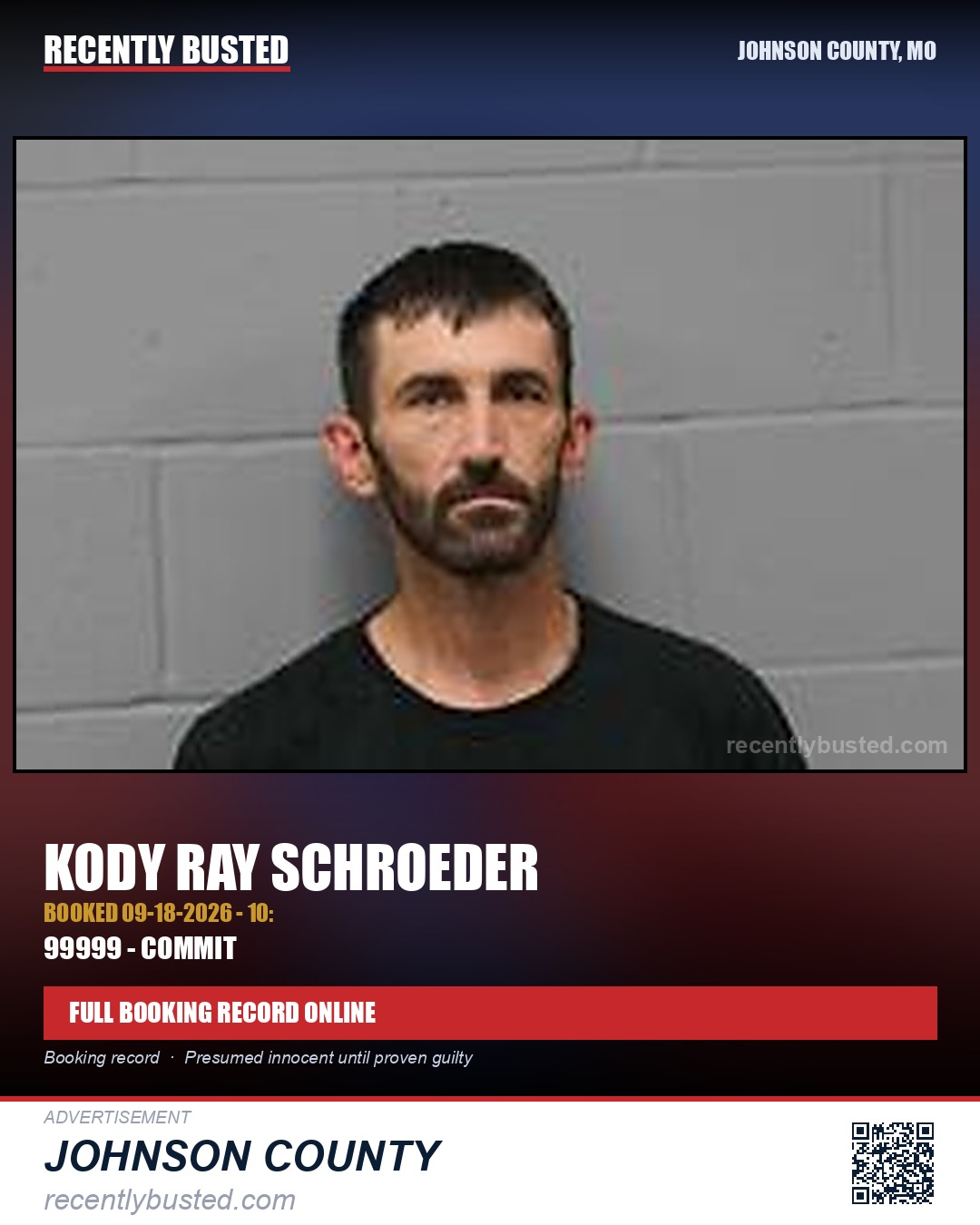 SCHROEDER, KODY RAY — arrest record card, Johnson County, Missouri