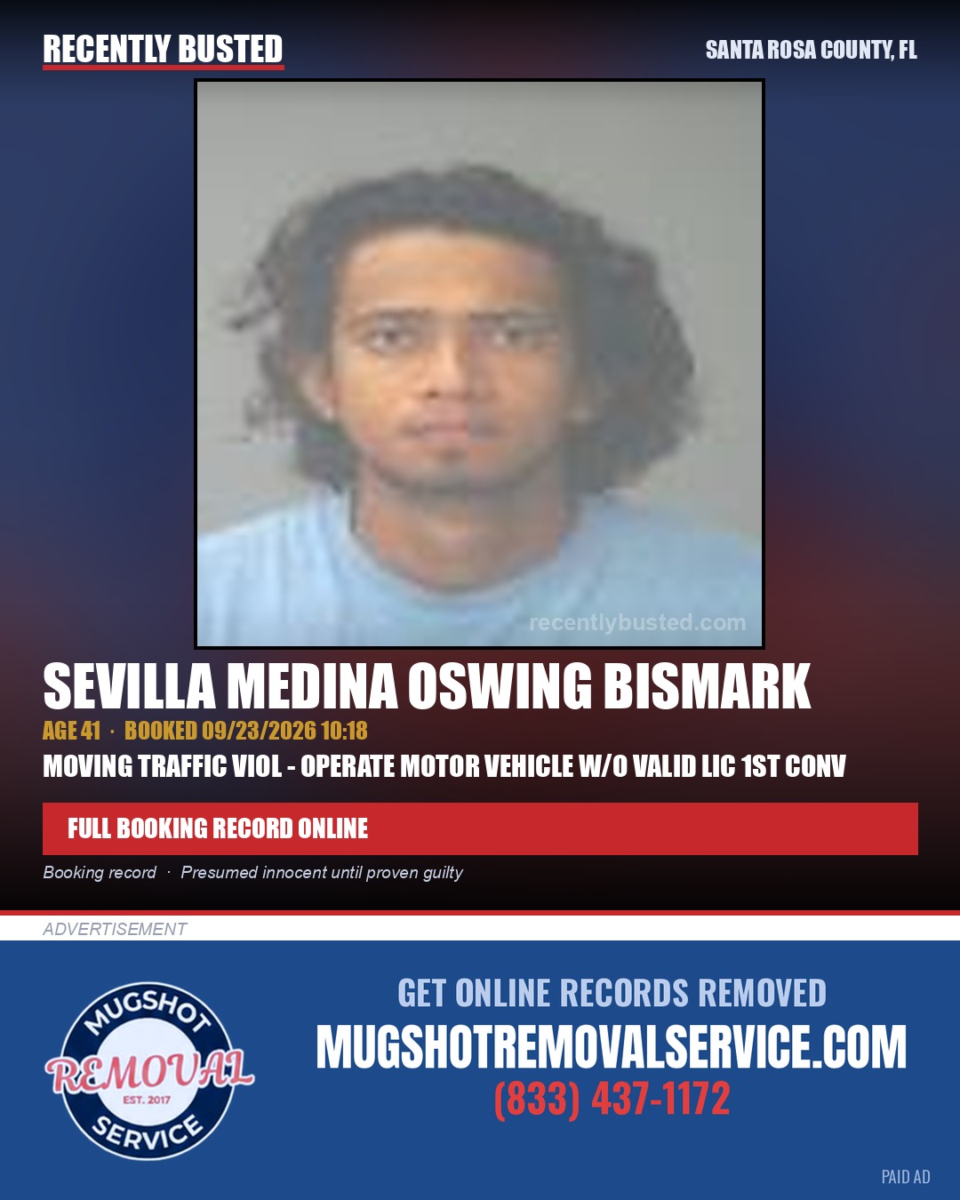 Sevilla Medina Oswing Bismark — arrest record card, Santa Rosa County, Florida