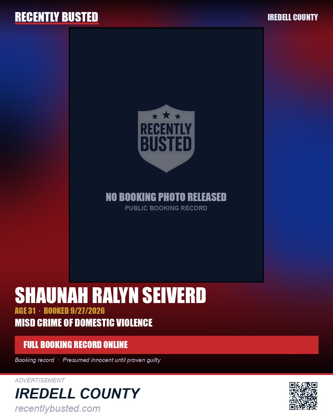 SHAUNAH RALYN SEIVERD — arrest record card, Iredell County