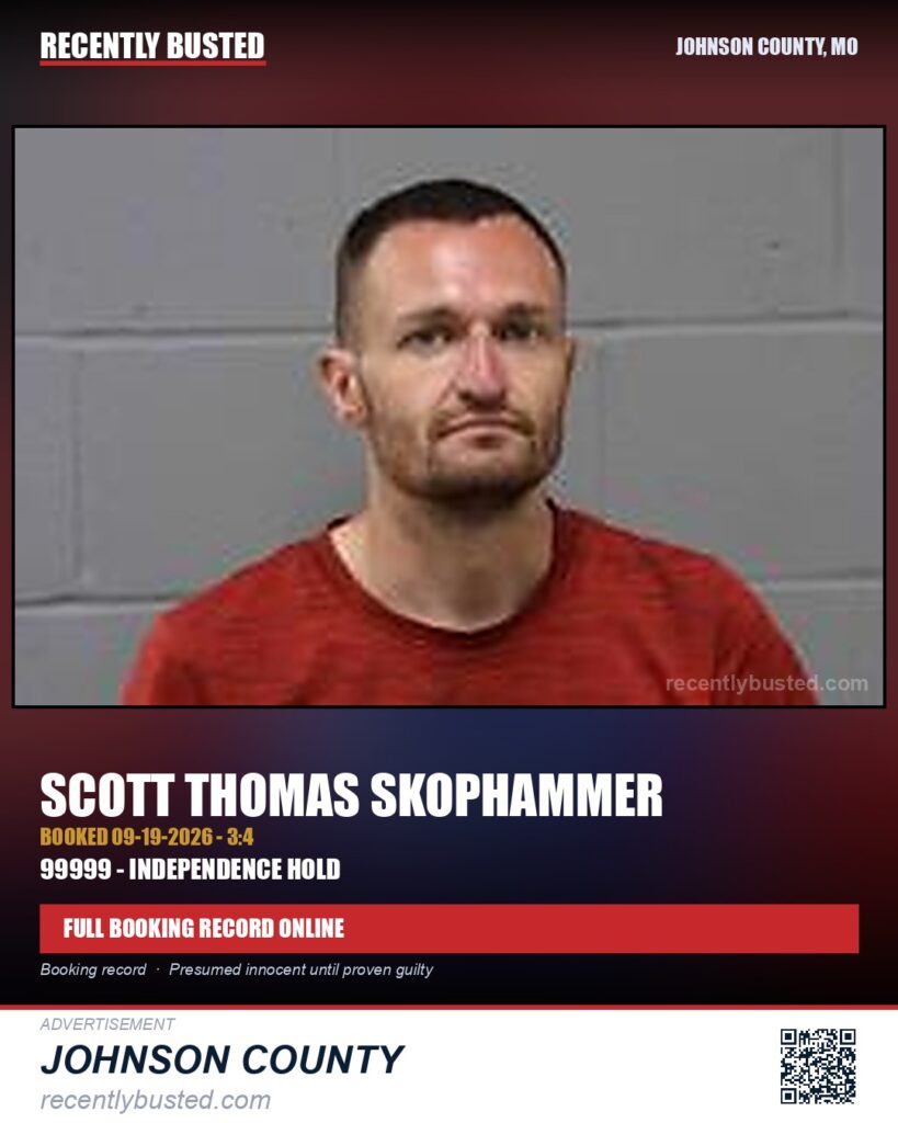 SKOPHAMMER, SCOTT THOMAS — arrest record card, Johnson County, Missouri