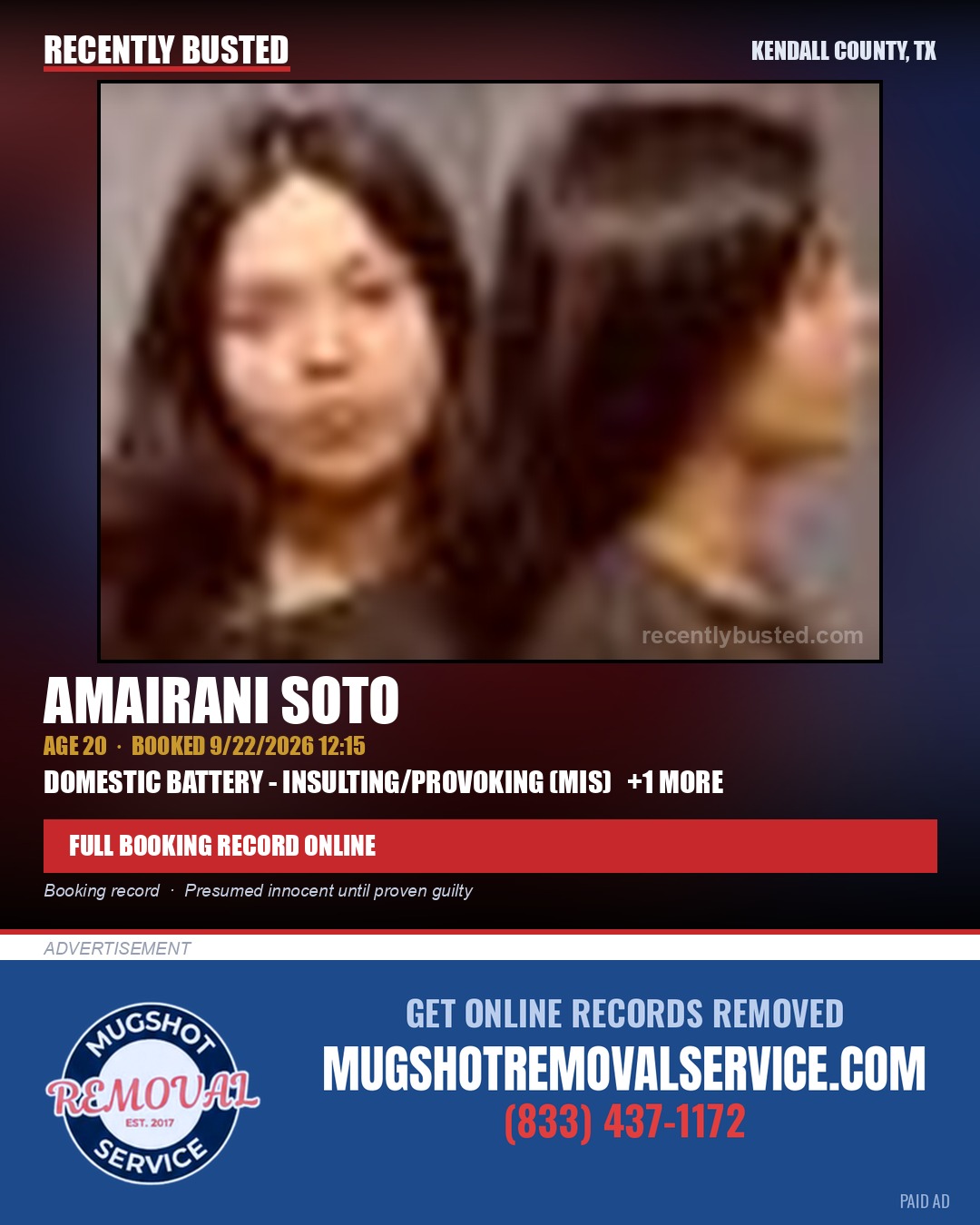 SOTO, AMAIRANI — arrest record card, Kendall County, Illinois