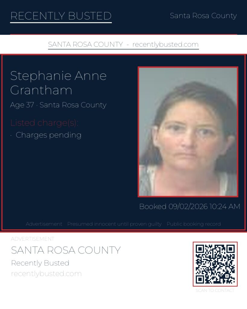 Stephanie Anne Grantham — arrest record card, Santa Rosa County, Florida