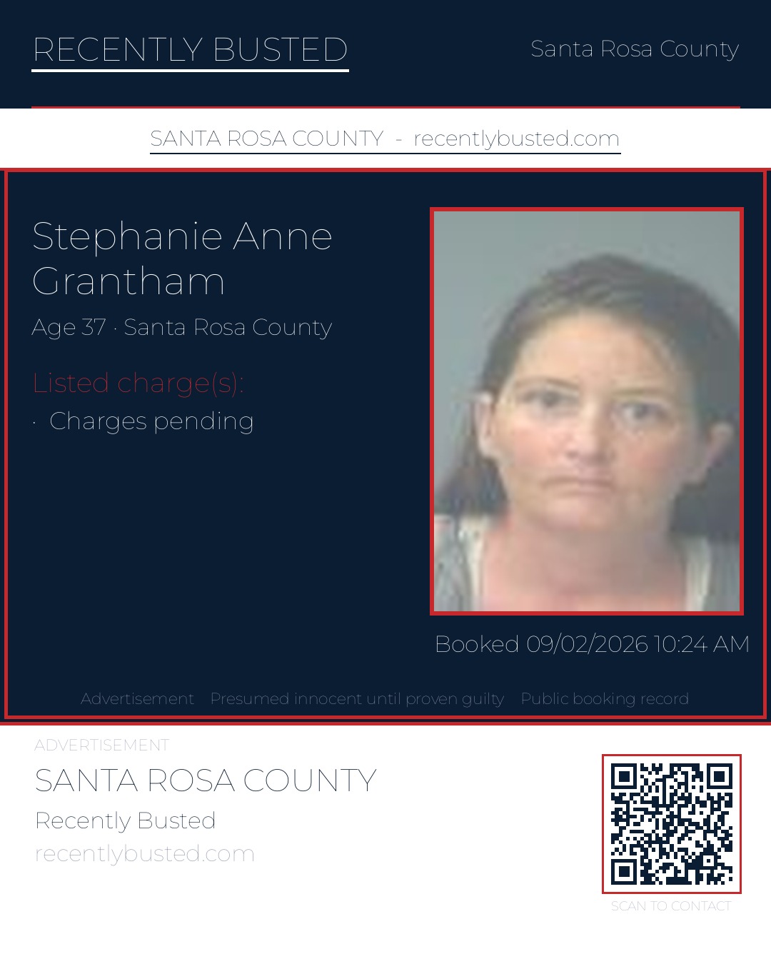 Stephanie Anne Grantham — arrest record card, Santa Rosa County, Florida