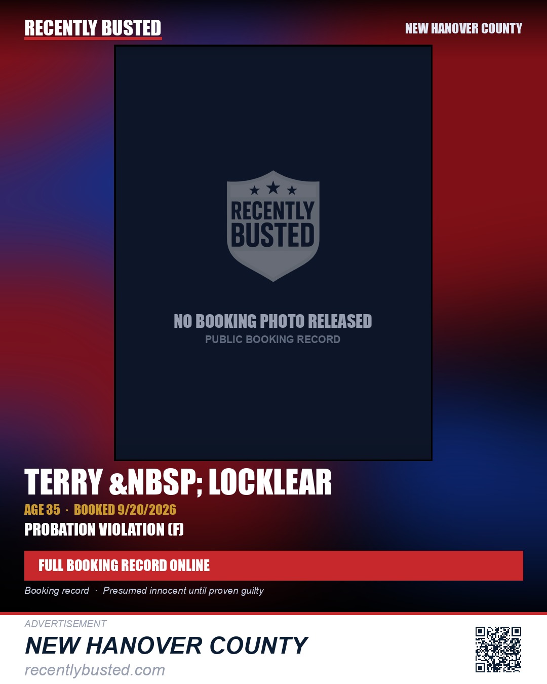 TERRY &nbsp; LOCKLEAR — arrest record card, New Hanover County