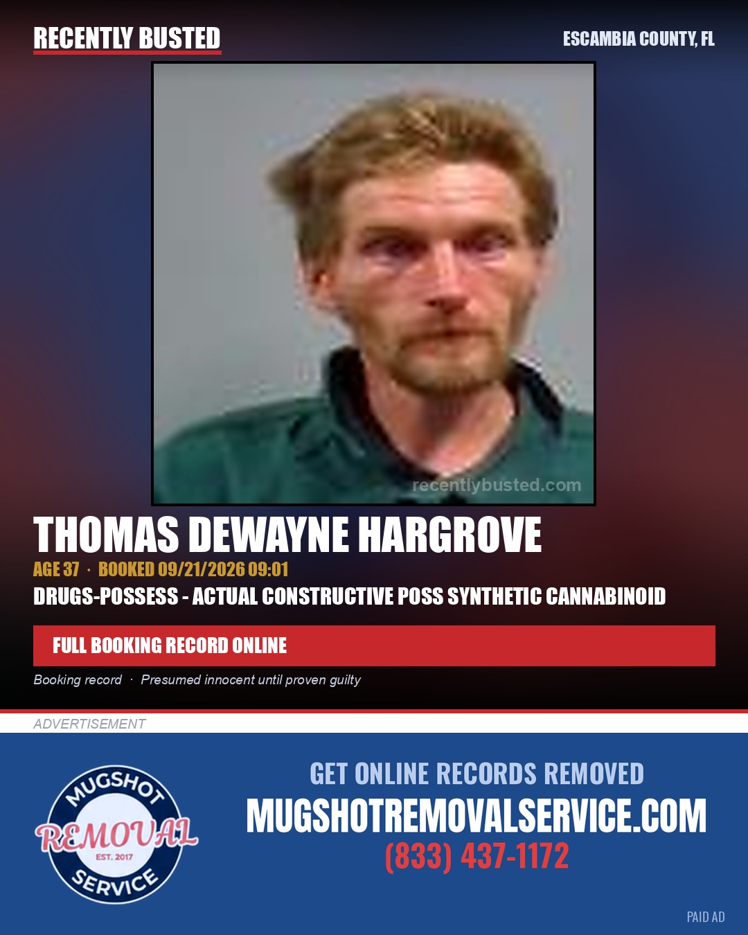 Thomas Dewayne Hargrove — arrest record card, Escambia County, Florida