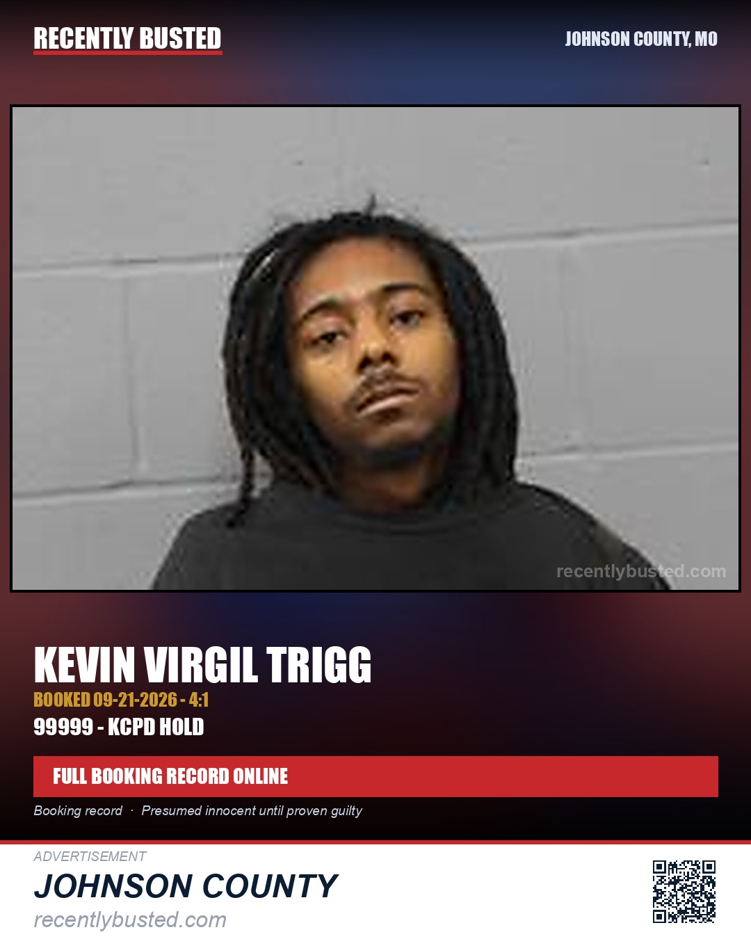 TRIGG, KEVIN VIRGIL — arrest record card, Johnson County, Missouri