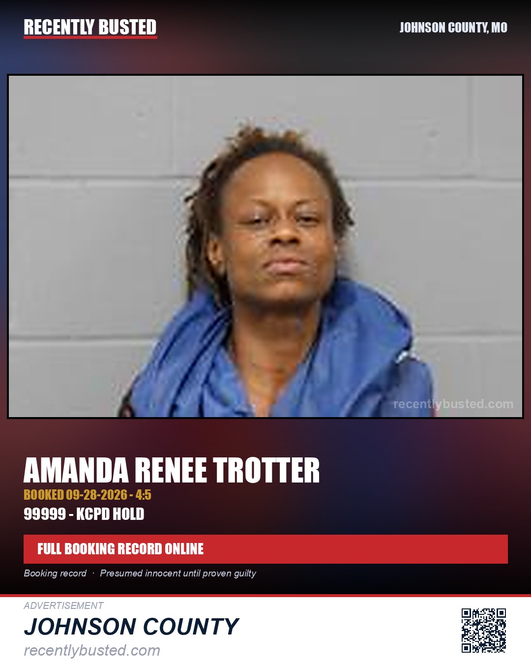 TROTTER, AMANDA RENEE — arrest record card, Johnson County, Missouri