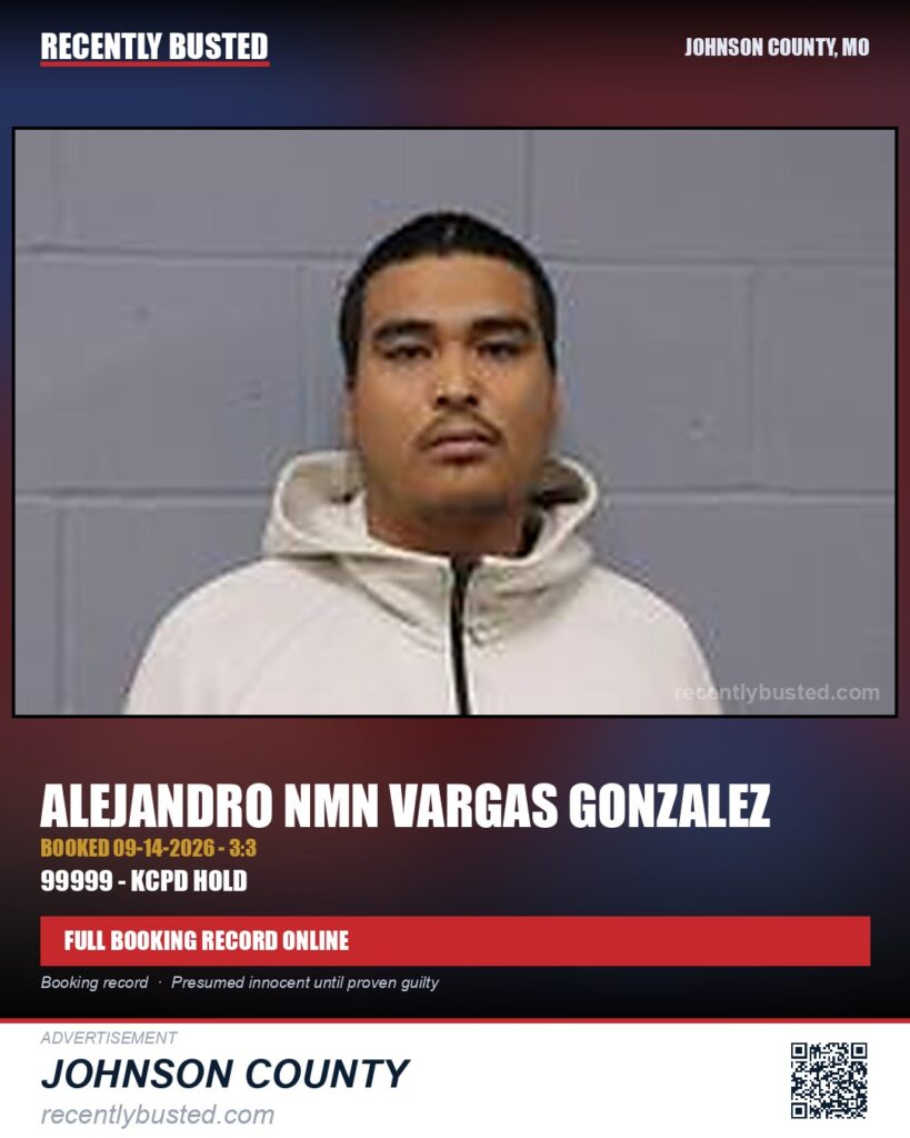 VARGAS GONZALEZ, ALEJANDRO NMN — arrest record card, Johnson County, Missouri