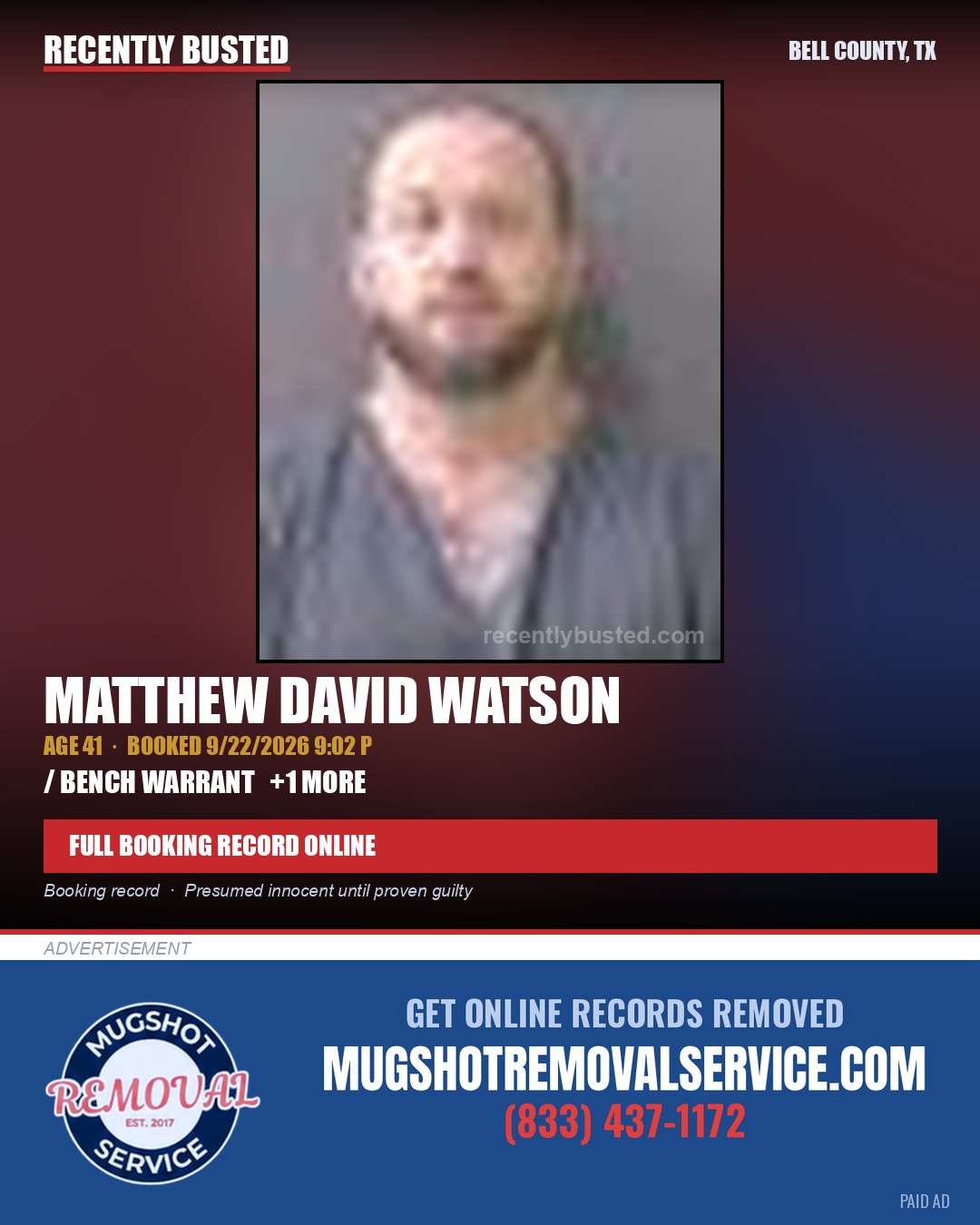 WATSON, MATTHEW DAVID — arrest record card, Bell County, Texas