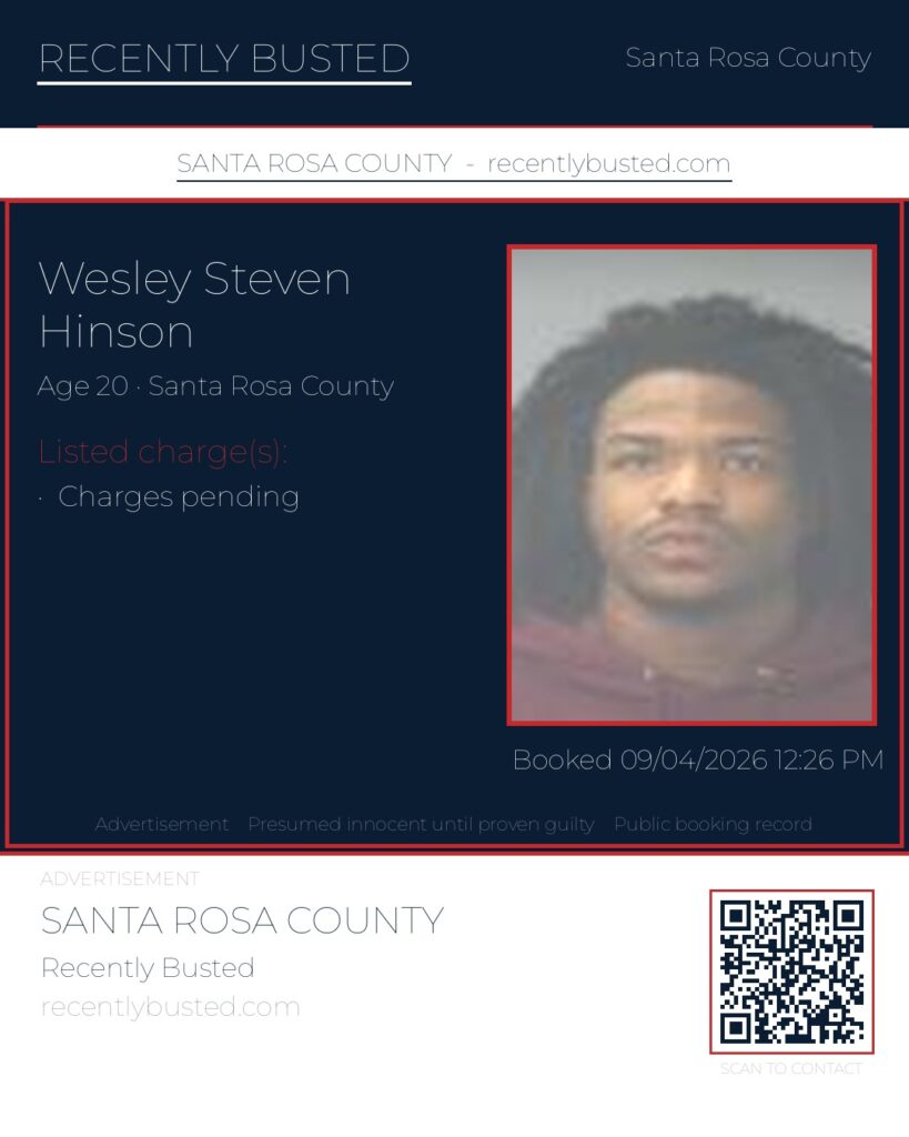 Wesley Steven Hinson — arrest record card, Santa Rosa County, Florida