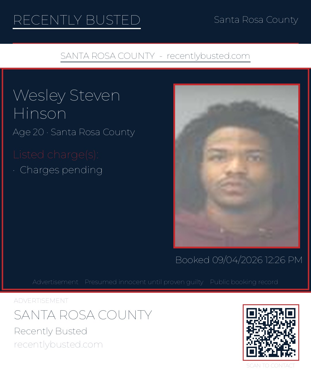 Wesley Steven Hinson — arrest record card, Santa Rosa County, Florida