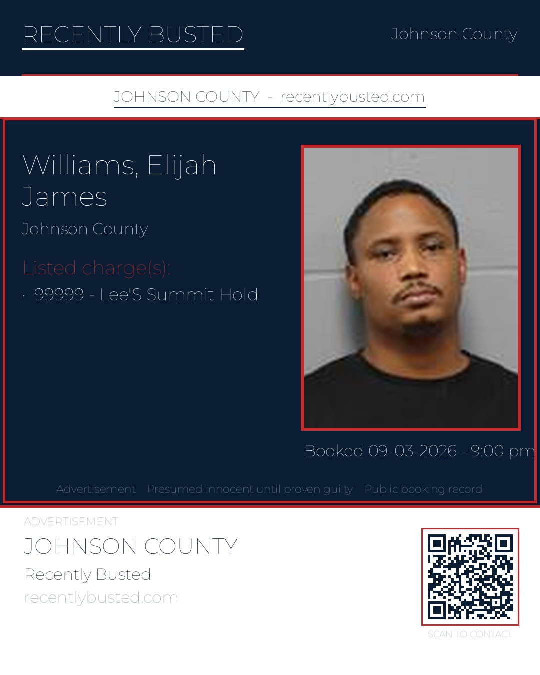 WILLIAMS, ELIJAH JAMES — arrest record card, Johnson County, Missouri