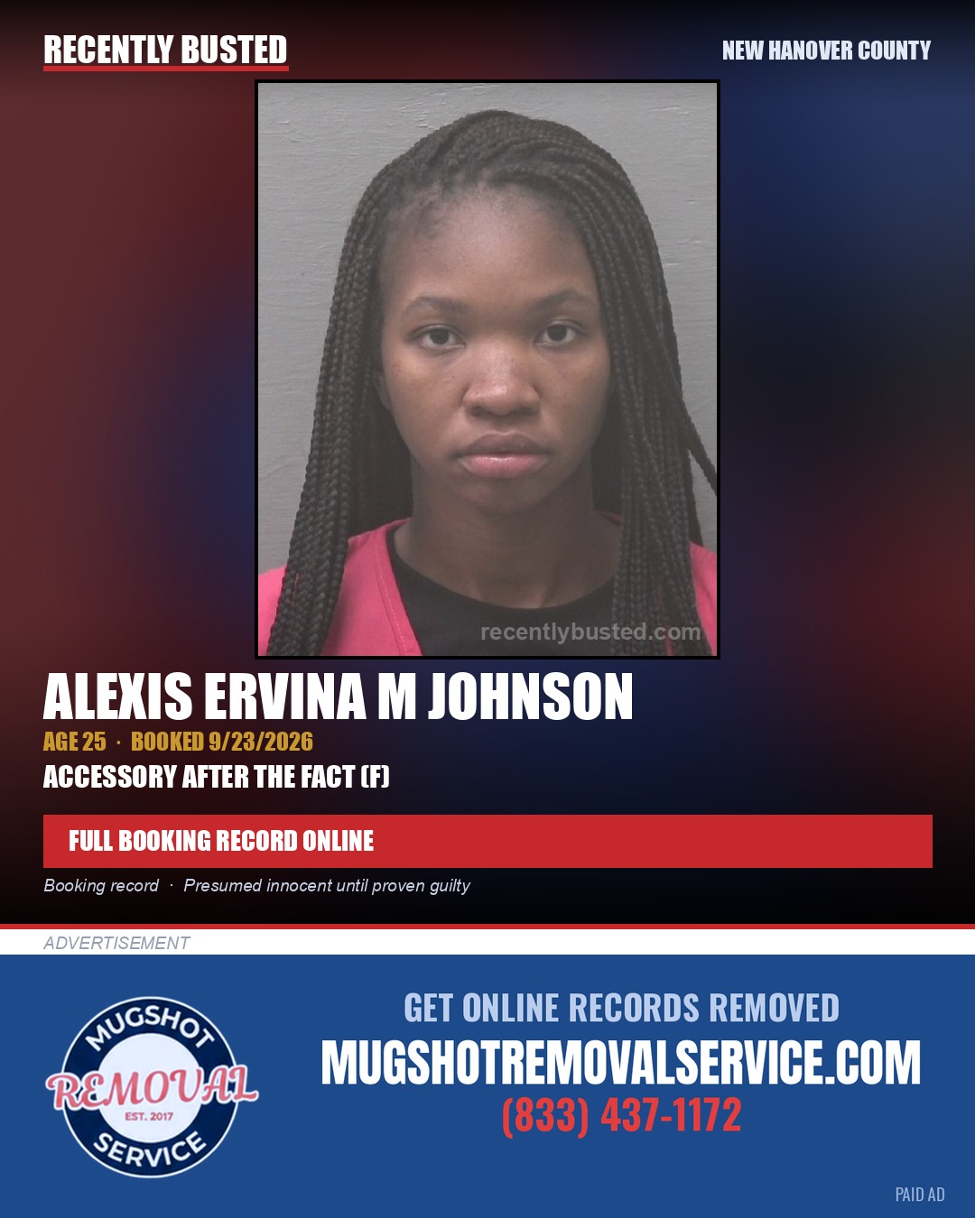 ALEXIS ERVINA M JOHNSON — arrest record card, New Hanover County