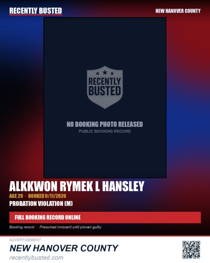 ALKKWON RYMEK L HANSLEY — arrest record card, New Hanover