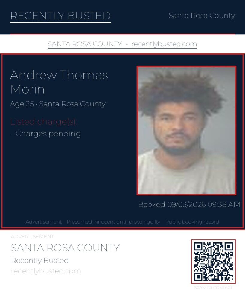Andrew Thomas Morin — arrest record card, Santa Rosa County, Florida