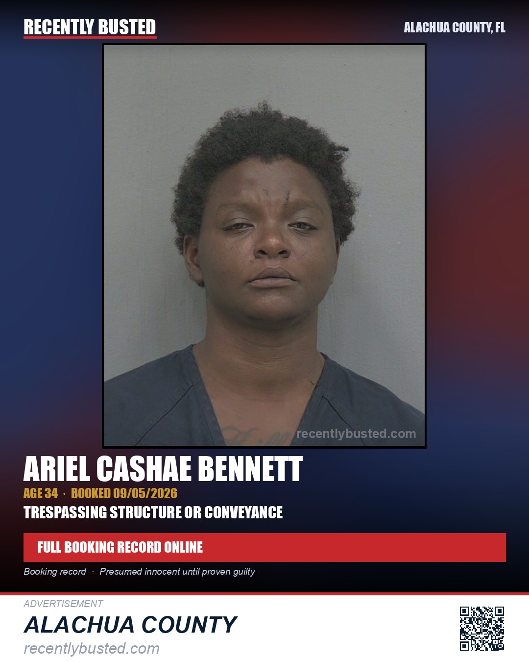 Ariel Cashae Bennett — arrest record card, Alachua County, Florida