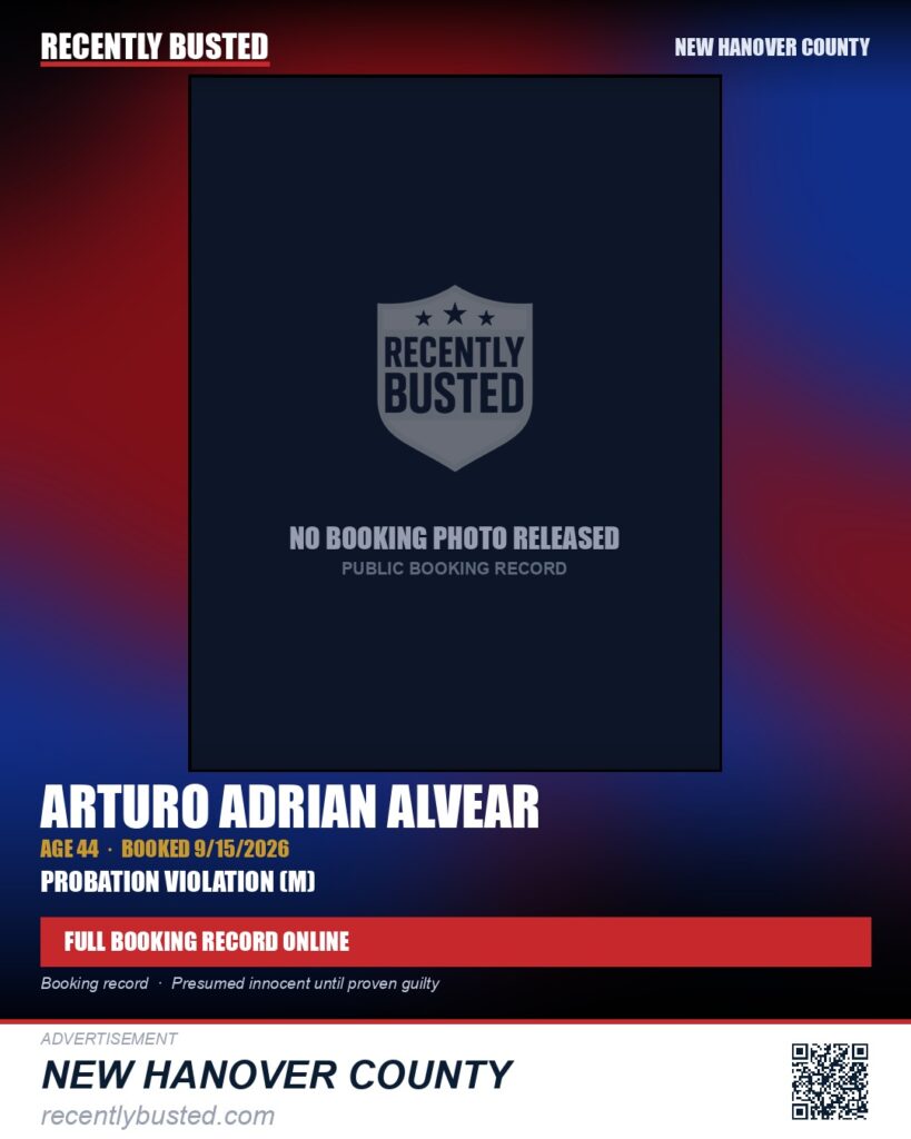 ARTURO ADRIAN ALVEAR — arrest record card, New Hanover County