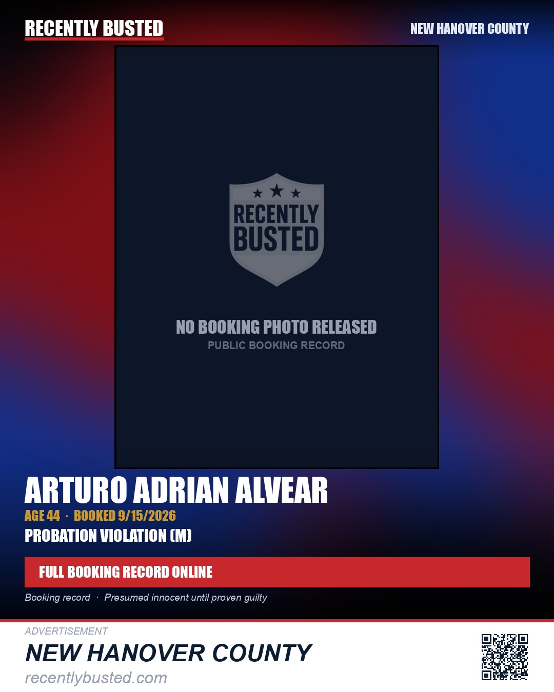 ARTURO ADRIAN ALVEAR — arrest record card, New Hanover County