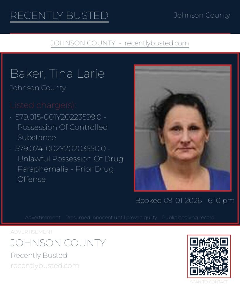 BAKER, TINA LARIE — arrest record card, Johnson County, Missouri