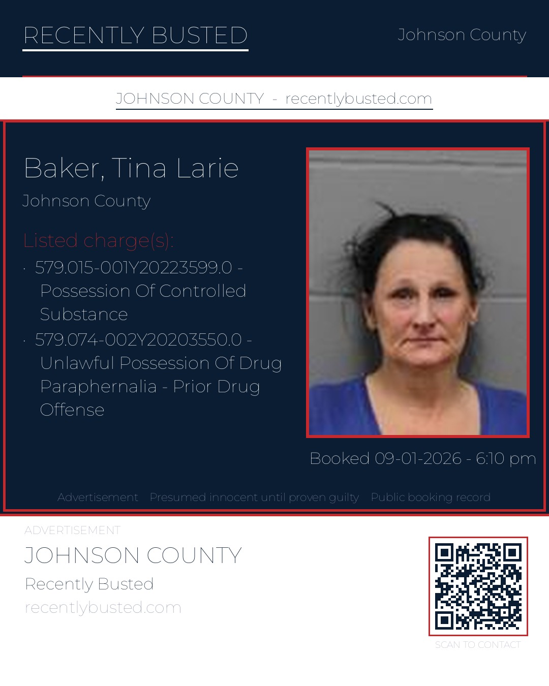 BAKER, TINA LARIE — arrest record card, Johnson County, Missouri