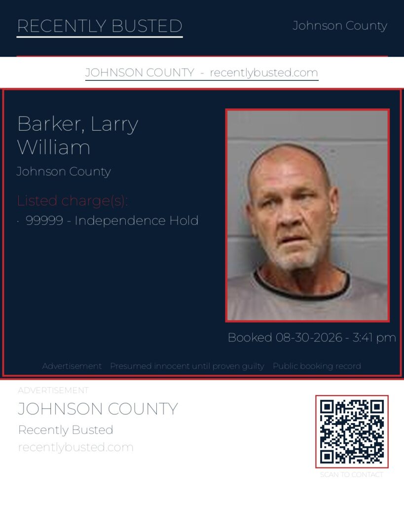 BARKER, LARRY WILLIAM — arrest record card, Johnson County, Missouri