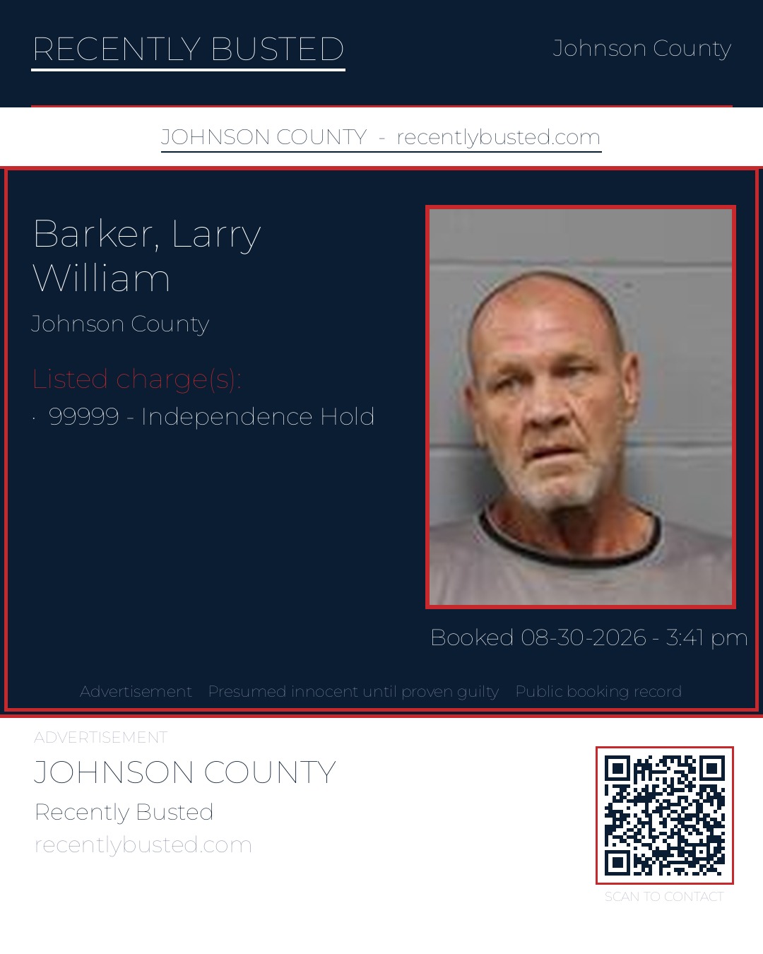 BARKER, LARRY WILLIAM — arrest record card, Johnson County, Missouri