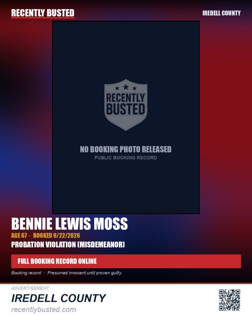 BENNIE LEWIS MOSS — arrest record card, Iredell County